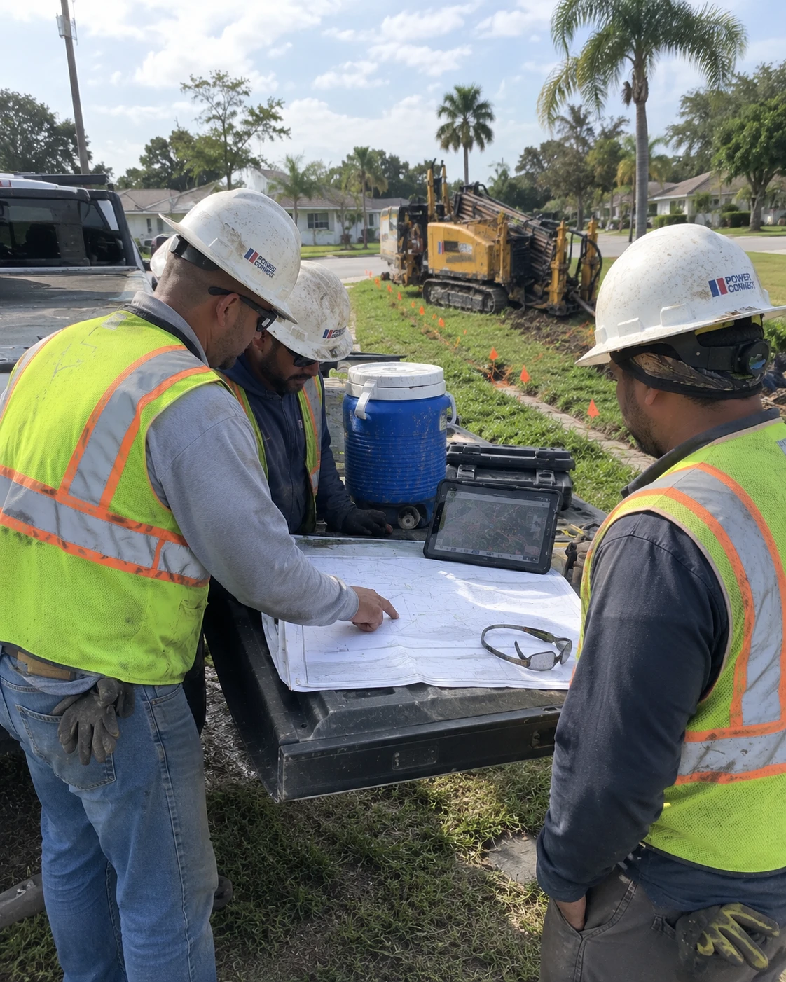 Crew members reviewing construction drawings and a tablet map at the tailgate of a work truck
