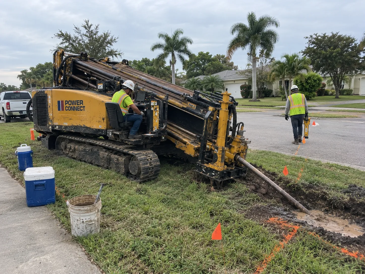 Horizontal directional drilling rig with the drill rod entering the ground in front of the machine while a crew member tracks the bore path with a utility locator